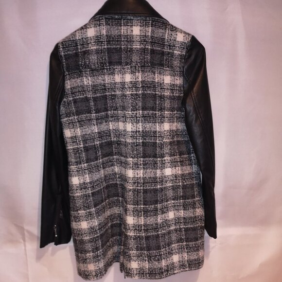 Reitmans Ladies Black & White Plaid with Faux Leather Sleeves & Accents Coat - Picture 2 of 8